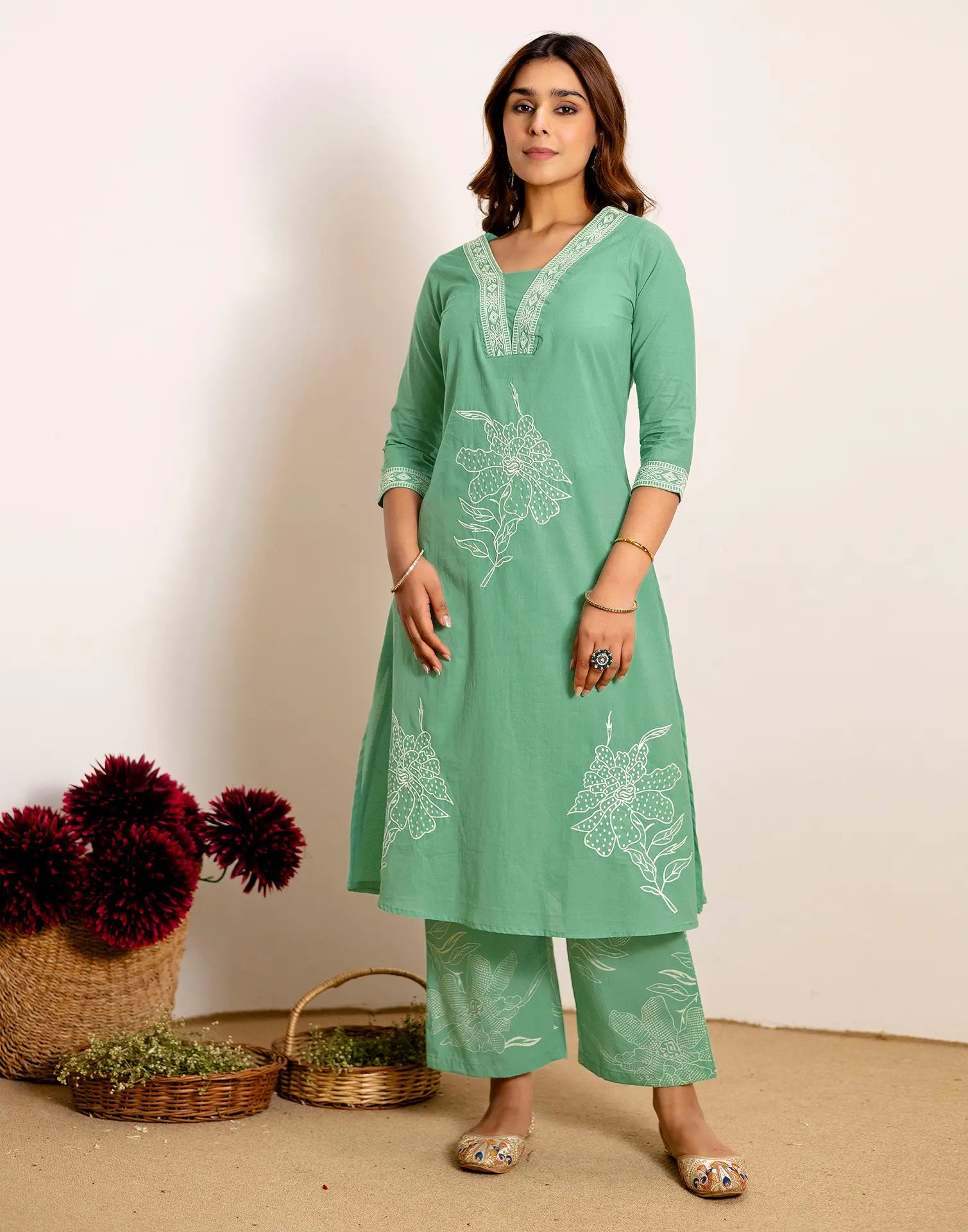 Skylee Cotton Embroidered Straight 3 Piece Kurta Set For Woman