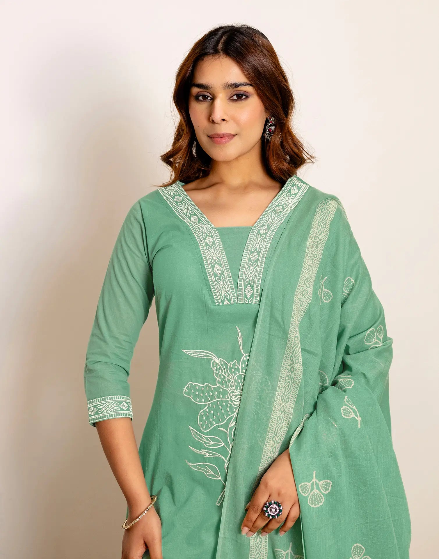 Skylee Cotton Embroidered Straight 3 Piece Kurta Set For Woman