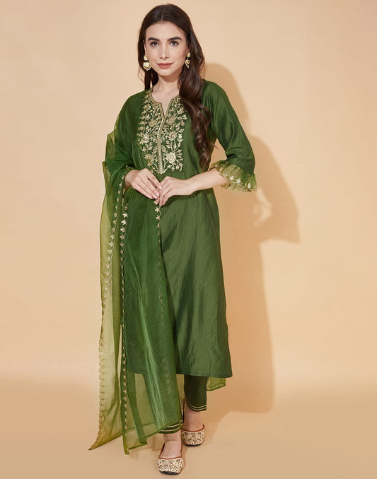 Silk Blend Embroidered Straight Kurta with Pant & Dupatta