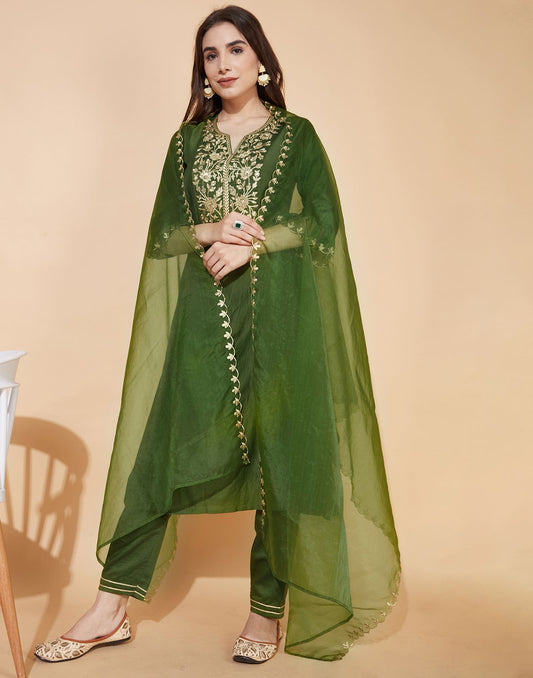 Silk Blend Embroidered Straight  Kurta with Pant & Dupatta