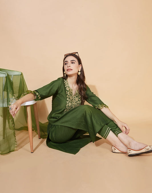 Silk Blend Embroidered Straight Kurta with Pant & Dupatta