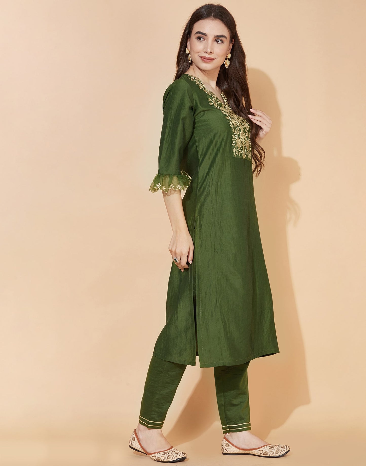 Silk Blend Embroidered Straight Kurta with Pant & Dupatta