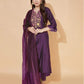 Wine Silk Plain V Neck 3/4 Sleeve Straight Kurta Set With Pant & Dupatta