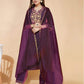 Wine Silk Plain V Neck 3/4 Sleeve Straight Kurta Set With Pant & Dupatta