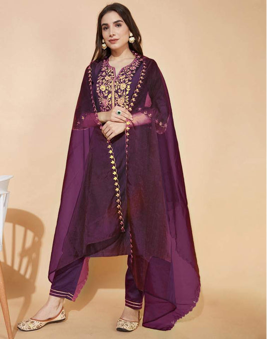 Wine Silk Plain V Neck 3/4 Sleeve Straight Kurta Set With Pant & Dupatta
