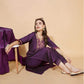 Wine Silk Plain V Neck 3/4 Sleeve Straight Kurta Set With Pant & Dupatta
