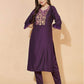 Wine Silk Plain V Neck 3/4 Sleeve Straight Kurta Set With Pant & Dupatta