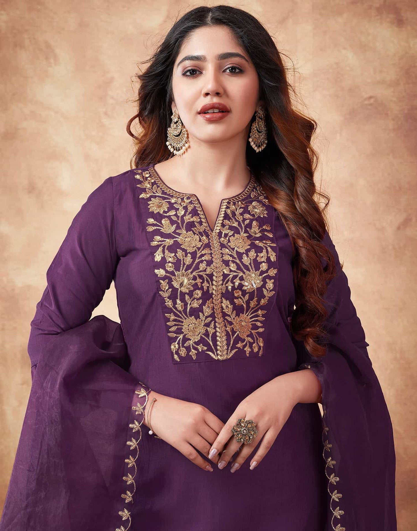 Wine V Neck Stylish Kurta Set Dupatta