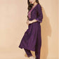 Wine Silk Plain V Neck 3/4 Sleeve Straight Kurta Set With Pant & Dupatta
