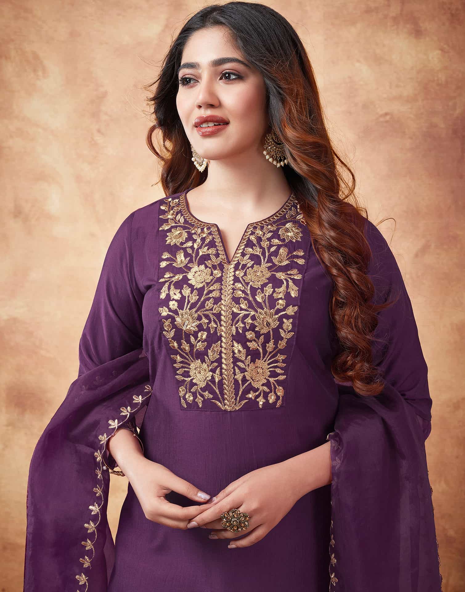 Wine V Neck Stylish Kurta Set Dupatta with dupatta 