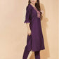 Wine Silk Plain V Neck 3/4 Sleeve Straight Kurta Set With Pant & Dupatta