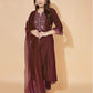 Maroon Silk Plain V Neck 3/4 Sleeve Straight Kurta Set With Pant & Dupatta