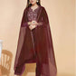 Maroon Silk Plain V Neck 3/4 Sleeve Straight Kurta Set With Pant & Dupatta