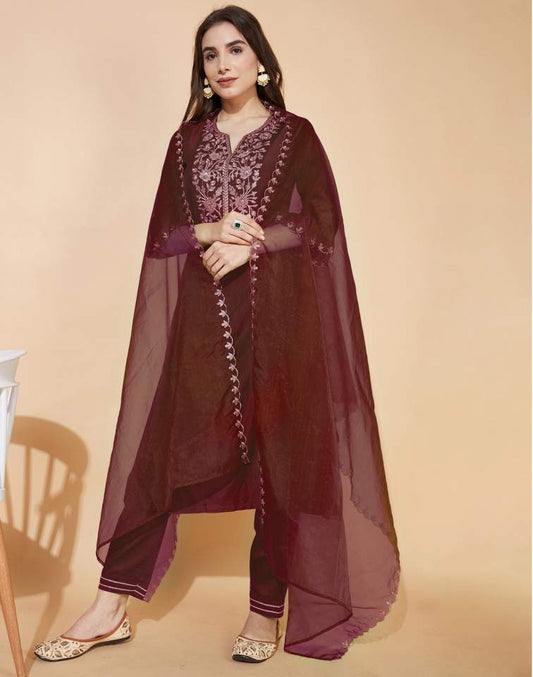 Maroon Silk Plain V Neck 3/4 Sleeve Straight Kurta Set With Pant & Dupatta