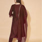 Maroon Silk Plain V Neck 3/4 Sleeve Straight Kurta Set With Pant & Dupatta