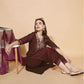 Maroon Silk Plain V Neck 3/4 Sleeve Straight Kurta Set With Pant & Dupatta