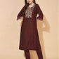 Maroon Silk Plain V Neck 3/4 Sleeve Straight Kurta Set With Pant & Dupatta
