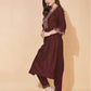 Maroon Silk Plain V Neck 3/4 Sleeve Straight Kurta Set With Pant & Dupatta