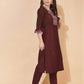 Maroon Silk Plain V Neck 3/4 Sleeve Straight Kurta Set With Pant & Dupatta