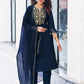 Navy Blue Silk Plain V Neck 3/4 Sleeve Straight Kurta Set With Pant & Dupatta