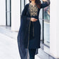 Navy Blue Silk Plain V Neck 3/4 Sleeve Straight Kurta Set With Pant & Dupatta