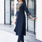 Navy Blue Silk Plain V Neck 3/4 Sleeve Straight Kurta Set With Pant & Dupatta