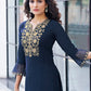 Navy Blue Silk Plain V Neck 3/4 Sleeve Straight Kurta Set With Pant & Dupatta