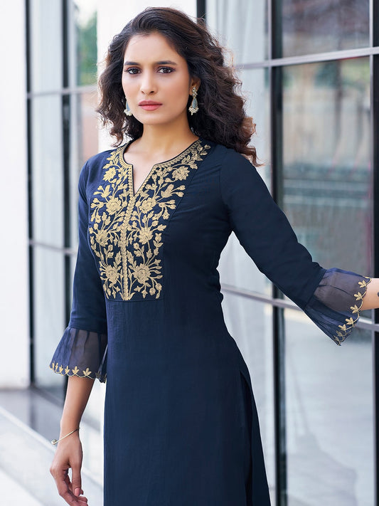 Navy Blue Silk Plain V Neck 3/4 Sleeve Straight Kurta Set With Pant & Dupatta