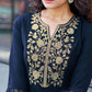 Navy Blue Silk Plain V Neck 3/4 Sleeve Straight Kurta Set With Pant & Dupatta