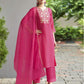 Dark Hot Pink Silk Plain V Neck 3/4 Sleeve Straight Kurta Set With Pant & Dupatta
