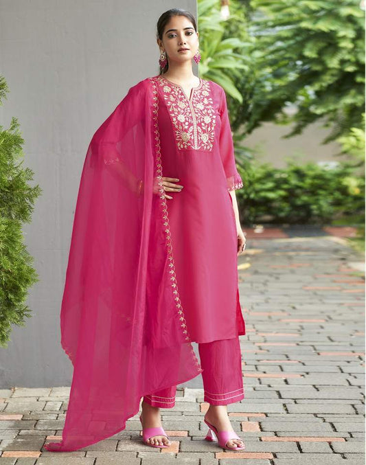 Dark Hot Pink Silk Plain V Neck 3/4 Sleeve Straight Kurta Set With Pant & Dupatta