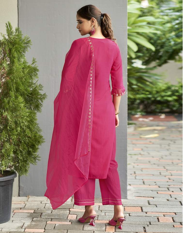 Dark Hot Pink Silk Plain V Neck 3/4 Sleeve Straight Kurta Set With Pant & Dupatta