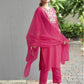 Dark Hot Pink Silk Plain V Neck 3/4 Sleeve Straight Kurta Set With Pant & Dupatta