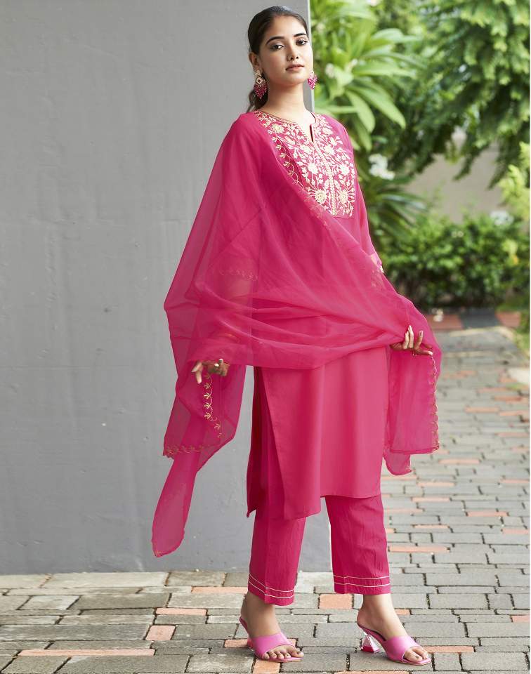 Dark Hot Pink Silk Plain V Neck 3/4 Sleeve Straight Kurta Set With Pant & Dupatta