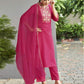 Dark Hot Pink Silk Plain V Neck 3/4 Sleeve Straight Kurta Set With Pant & Dupatta