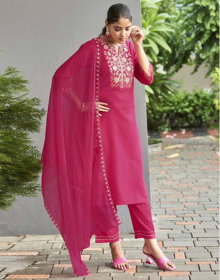 Dark Hot Pink Silk Plain V Neck 3/4 Sleeve Straight Kurta Set With Pant & Dupatta