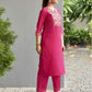 Dark Hot Pink Silk Plain V Neck 3/4 Sleeve Straight Kurta Set With Pant & Dupatta
