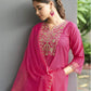 Dark Hot Pink Silk Plain V Neck 3/4 Sleeve Straight Kurta Set With Pant & Dupatta