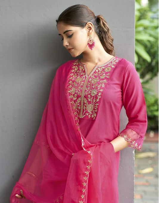 Dark Hot Pink Silk Plain V Neck 3/4 Sleeve Straight Kurta Set With Pant & Dupatta