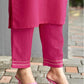 Dark Hot Pink Silk Plain V Neck 3/4 Sleeve Straight Kurta Set With Pant & Dupatta