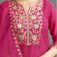 Dark Hot Pink Silk Plain V Neck 3/4 Sleeve Straight Kurta Set With Pant & Dupatta