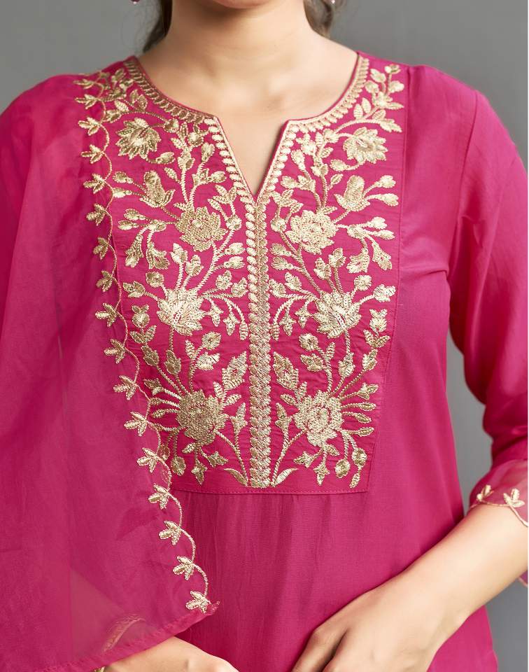 Dark Hot Pink Silk Plain V Neck 3/4 Sleeve Straight Kurta Set With Pant & Dupatta