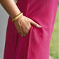 Dark Hot Pink Silk Plain V Neck 3/4 Sleeve Straight Kurta Set With Pant & Dupatta