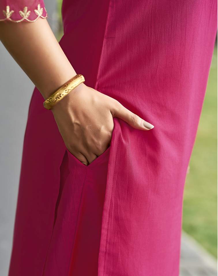 Dark Hot Pink Silk Plain V Neck 3/4 Sleeve Straight Kurta Set With Pant & Dupatta