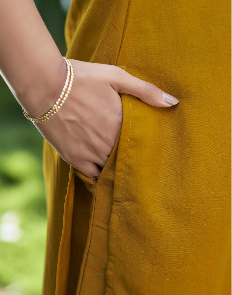 Yellow Silk Plain V Neck 3/4 Sleeve Straight Kurta Set With Pant & Dupatta