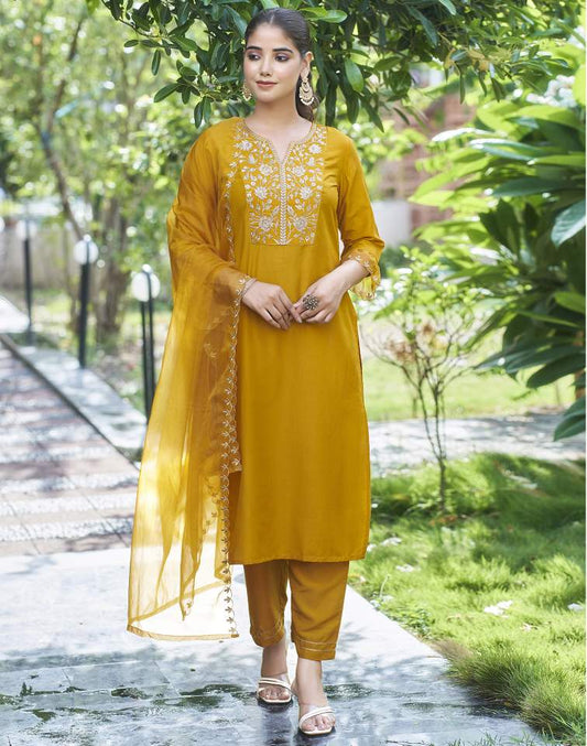 Yellow Silk Plain V Neck 3/4 Sleeve Straight Kurta Set With Pant & Dupatta