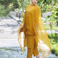 Yellow Silk Plain V Neck 3/4 Sleeve Straight Kurta Set With Pant & Dupatta