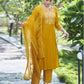 Yellow Silk Plain V Neck 3/4 Sleeve Straight Kurta Set With Pant & Dupatta
