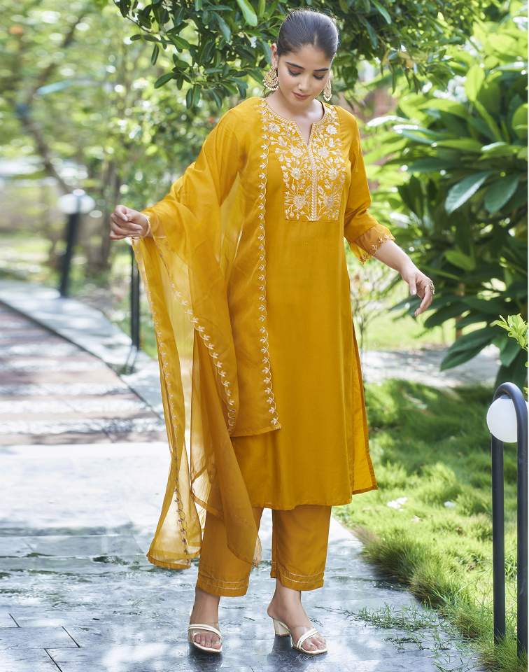 Yellow Silk Plain V Neck 3/4 Sleeve Straight Kurta Set With Pant & Dupatta