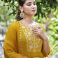 Yellow Silk Plain V Neck 3/4 Sleeve Straight Kurta Set With Pant & Dupatta